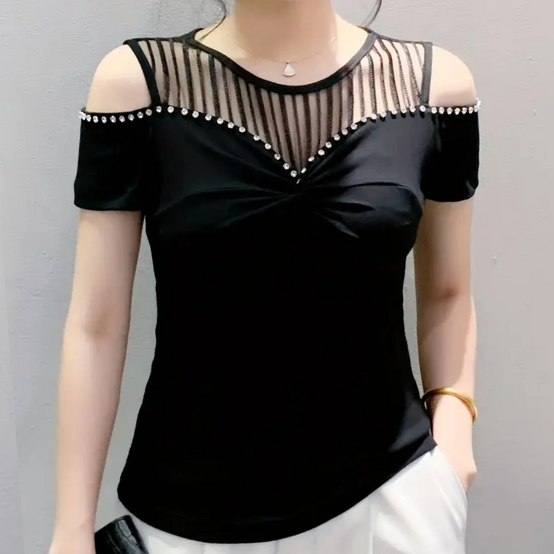Schulterfreies Damen Top mit Netz und Strassdetails-Schwarz-XS-Luzern Mode