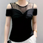 Schulterfreies Damen Top mit Netz und Strassdetails-Schwarz-XS-Luzern Mode