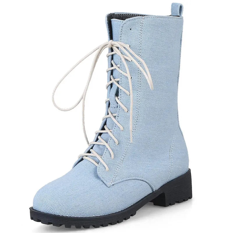 Damen Stiefeletten mit Schnürung für Herbst und Winter-Hellblau-33-Luzern Mode
