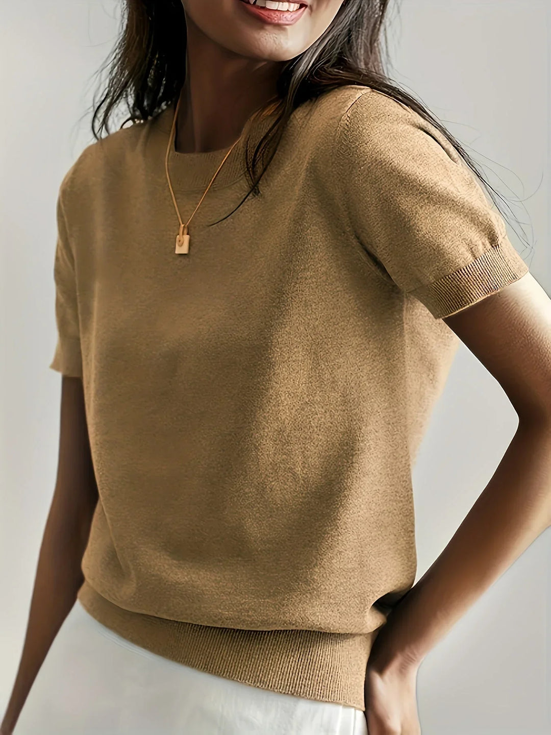 Damen Frühlingspullover | Kurzarm | Einfarbig | Leicht | Locker -Beige-XS-Luzern Mode