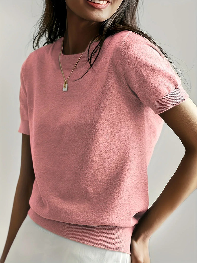 Damen Frühlingspullover | Kurzarm | Einfarbig | Leicht | Locker -Rosa-XS-Luzern Mode