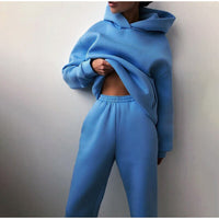 Damen Jogginganzug | 2-teilig | Oversized | Kapuze | Einfarbig | Elastisch-Blau-Luzern Mode