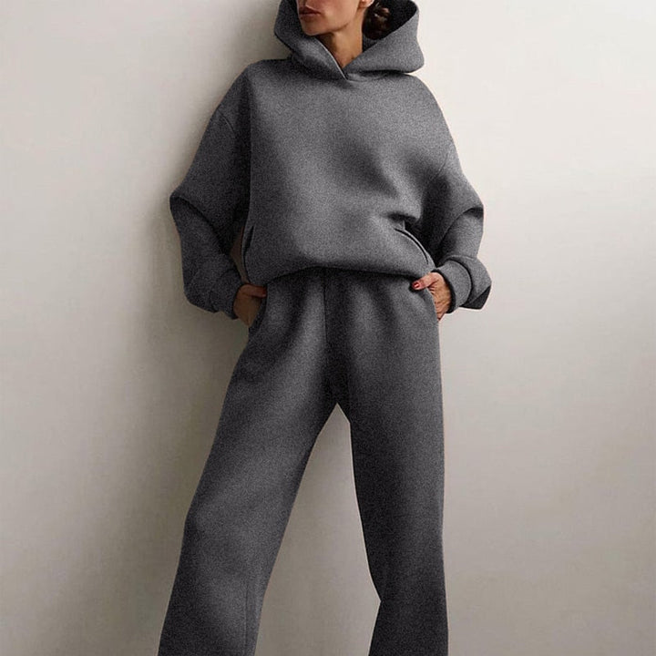 Damen Jogginganzug | 2-teilig | Oversized | Kapuze | Einfarbig | Elastisch-Grau-Luzern Mode