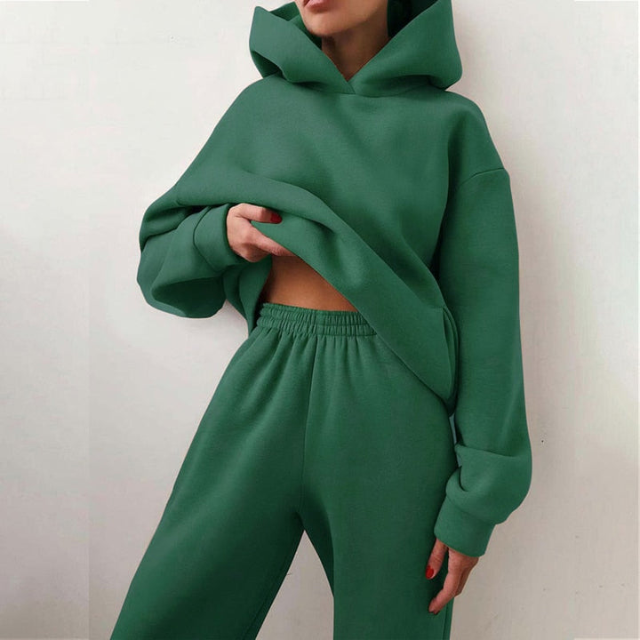 Damen Jogginganzug | 2-teilig | Oversized | Kapuze | Einfarbig | Elastisch-Grün-Luzern Mode