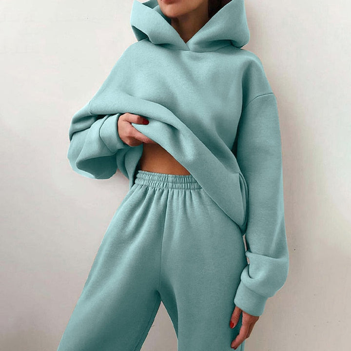 Damen Jogginganzug | 2-teilig | Oversized | Kapuze | Einfarbig | Elastisch-Himmelblau-Luzern Mode