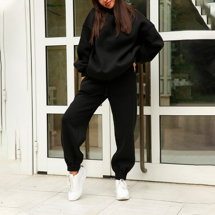 Damen Jogginganzug | 2-teilig | Oversized | Kapuze | Einfarbig | Elastisch-Luzern Mode