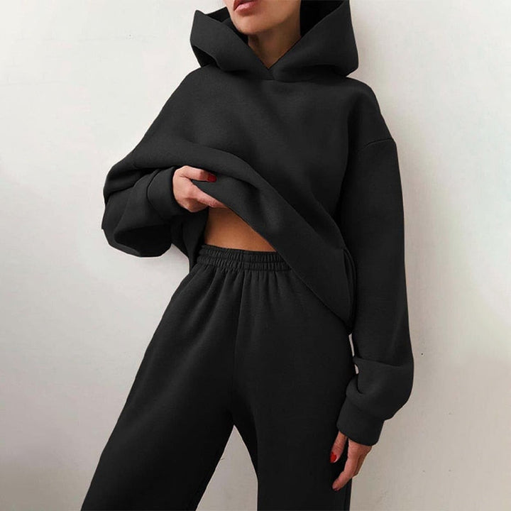 Damen Jogginganzug | 2-teilig | Oversized | Kapuze | Einfarbig | Elastisch-Schwarz-Luzern Mode
