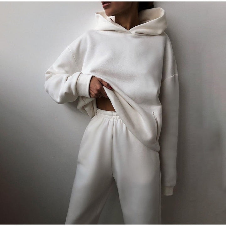 Damen Jogginganzug | 2-teilig | Oversized | Kapuze | Einfarbig | Elastisch-Weiß-Luzern Mode