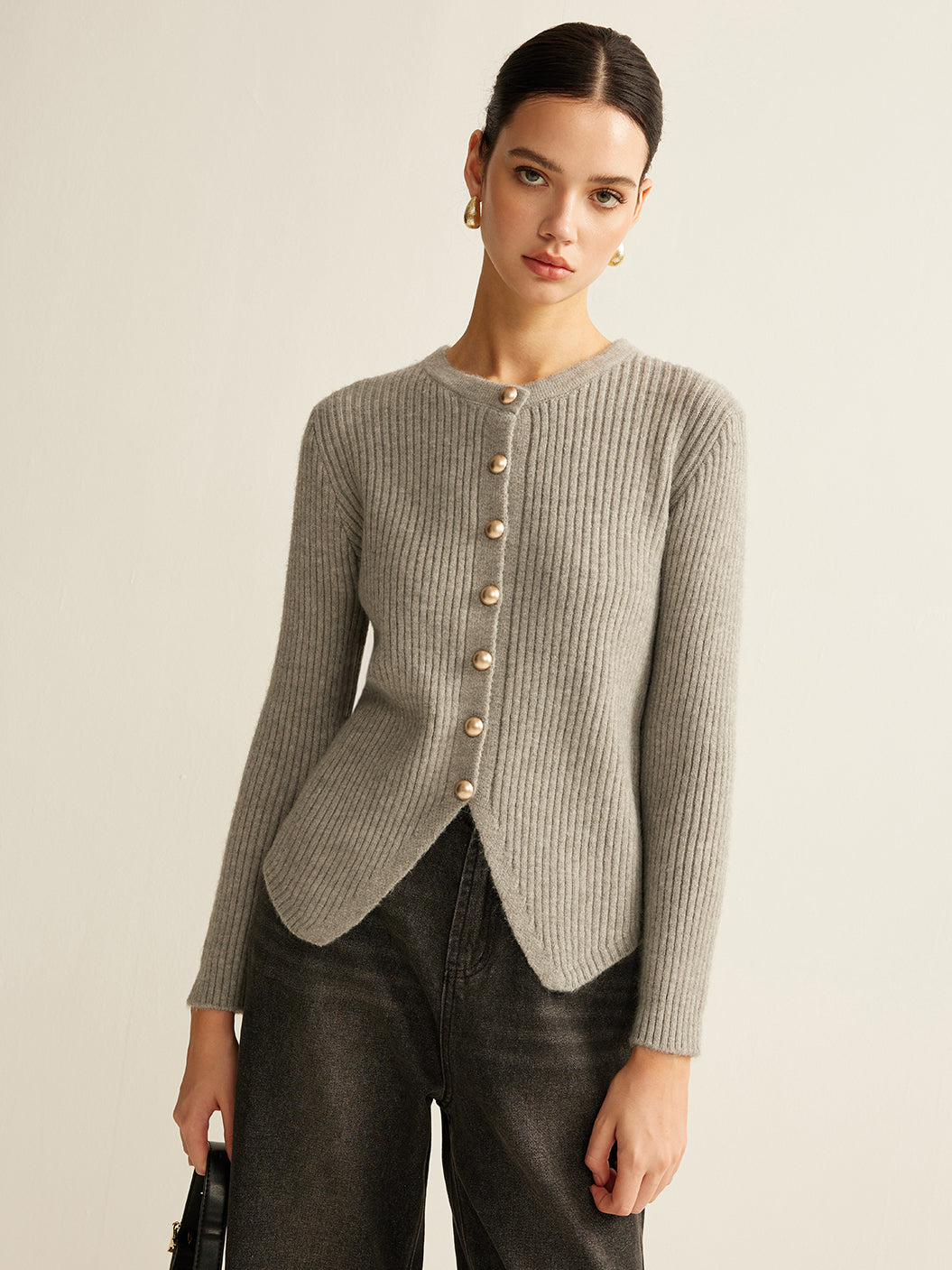 Damen Strickjacke mit Knöpfen - Eleganter Cardigan Look-Grau-XS-Luzern Mode