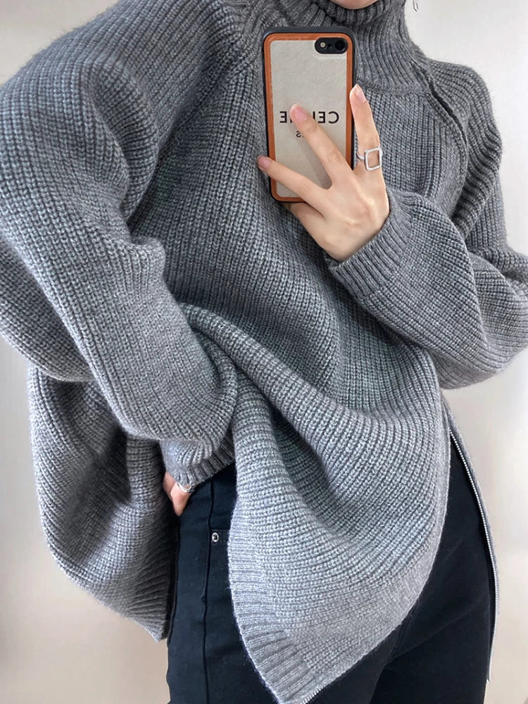 Damen Strickpullover mit Reißverschluss und Handtasche-Grau-One Size-Luzern Mode