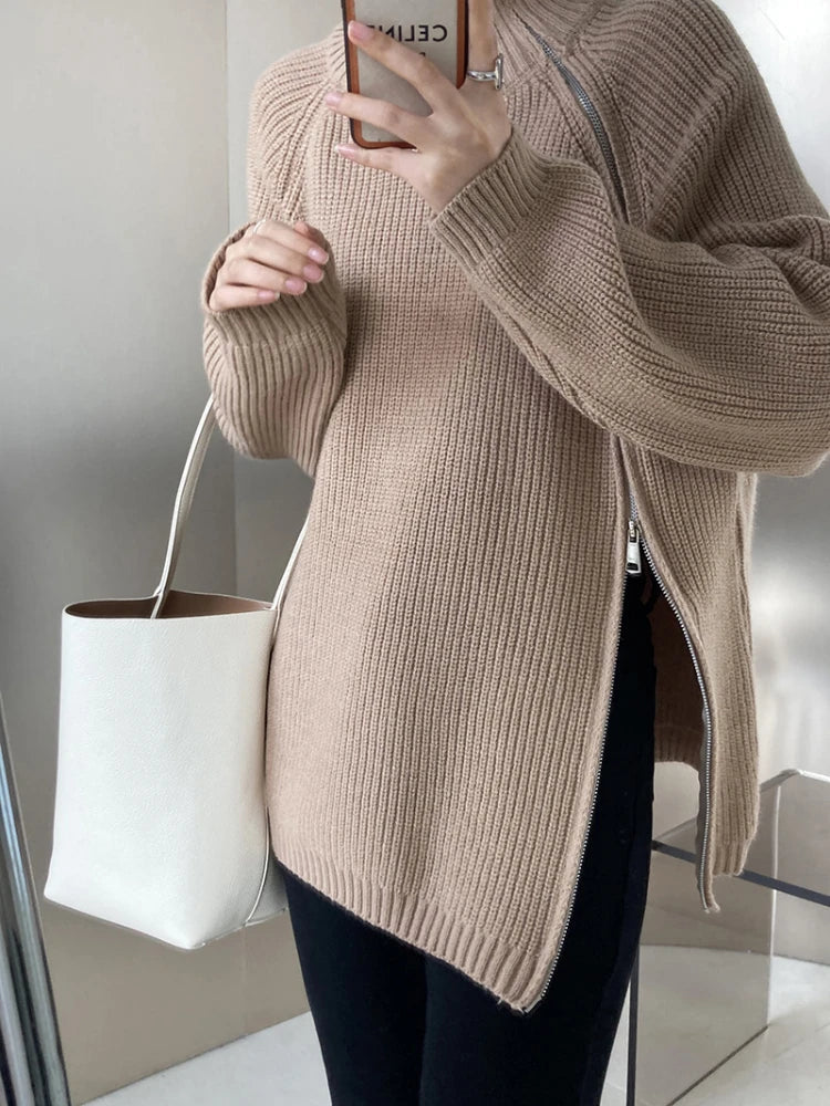 Damen Strickpullover mit Reißverschluss und Handtasche-Khaki-One Size-Luzern Mode