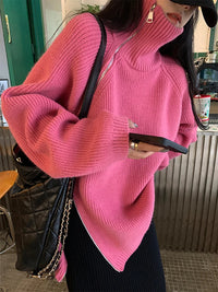 Damen Strickpullover mit Reißverschluss und Handtasche-Rosa-One Size-Luzern Mode