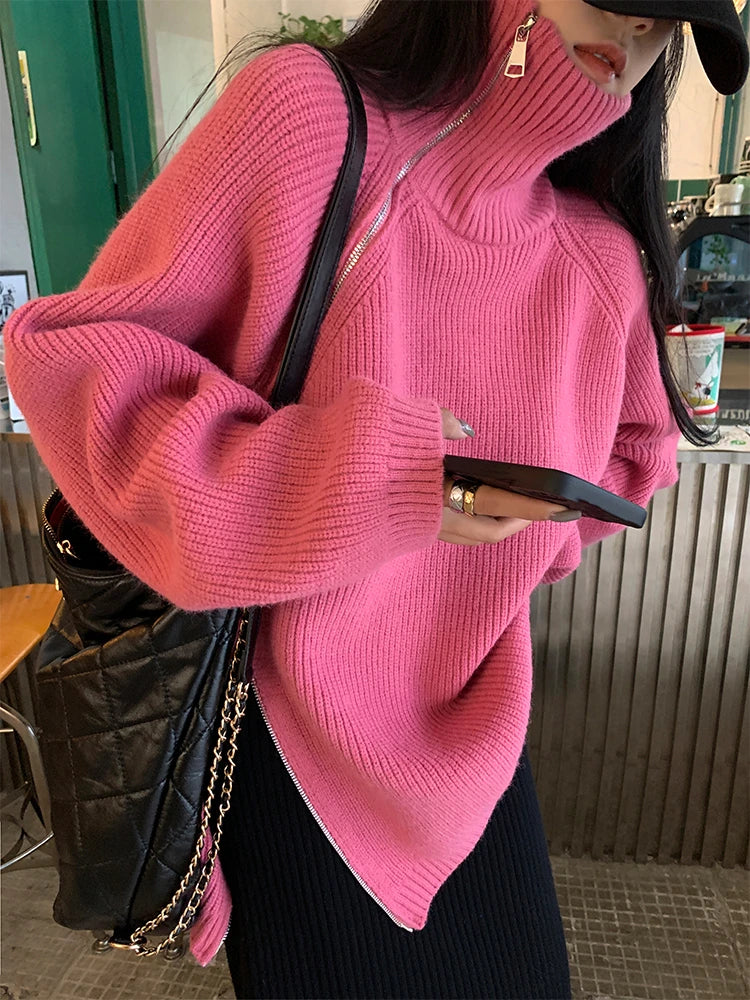 Damen Strickpullover mit Reißverschluss und Handtasche-Rosa-One Size-Luzern Mode