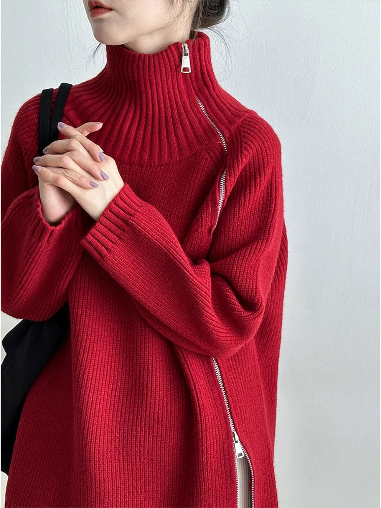 Damen Strickpullover mit Reißverschluss und Handtasche-Rot-One Size-Luzern Mode