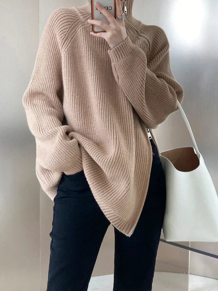 Damen Strickpullover mit Reißverschluss und Handtasche-Luzern Mode