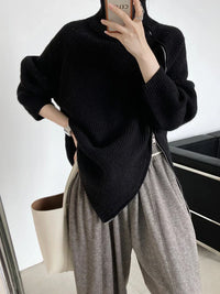 Damen Strickpullover mit Reißverschluss und Handtasche-Schwarz-One Size-Luzern Mode