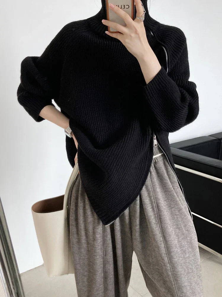 Damen Strickpullover mit Reißverschluss und Handtasche-Schwarz-One Size-Luzern Mode