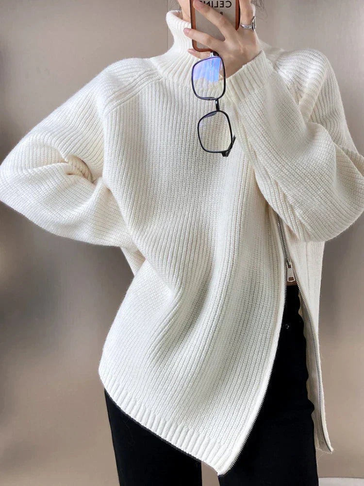 Damen Strickpullover mit Reißverschluss und Handtasche-Weiß-One Size-Luzern Mode