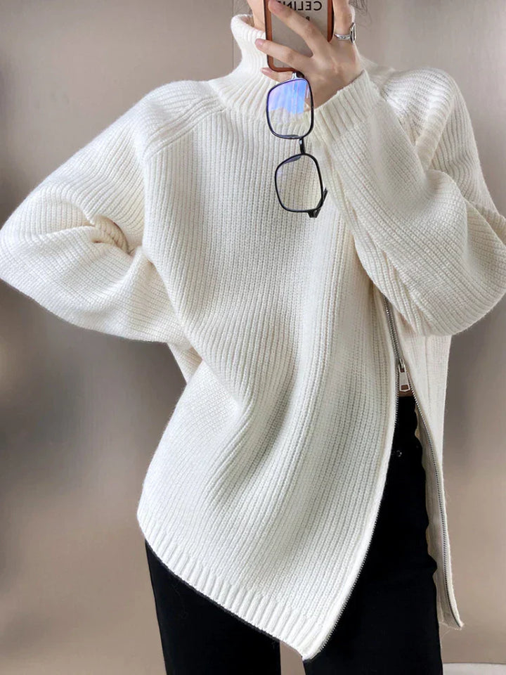 Damen Strickpullover mit Reißverschluss und Handtasche-Weiß-One Size-Luzern Mode