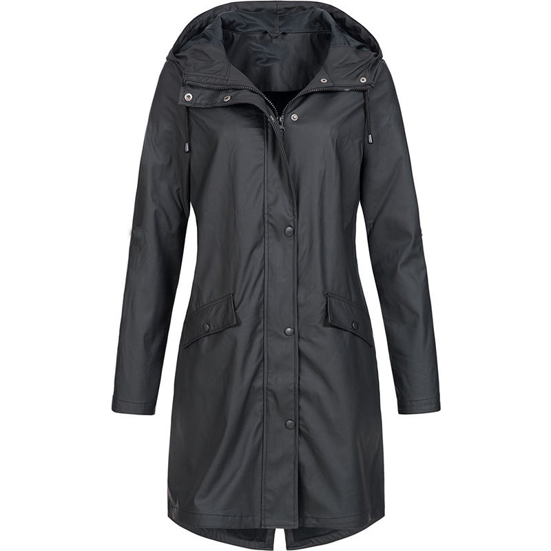 Wasserdichter Damen Regenmantel mit Kapuze und Taschen-Schwarz-XS-Luzern Mode