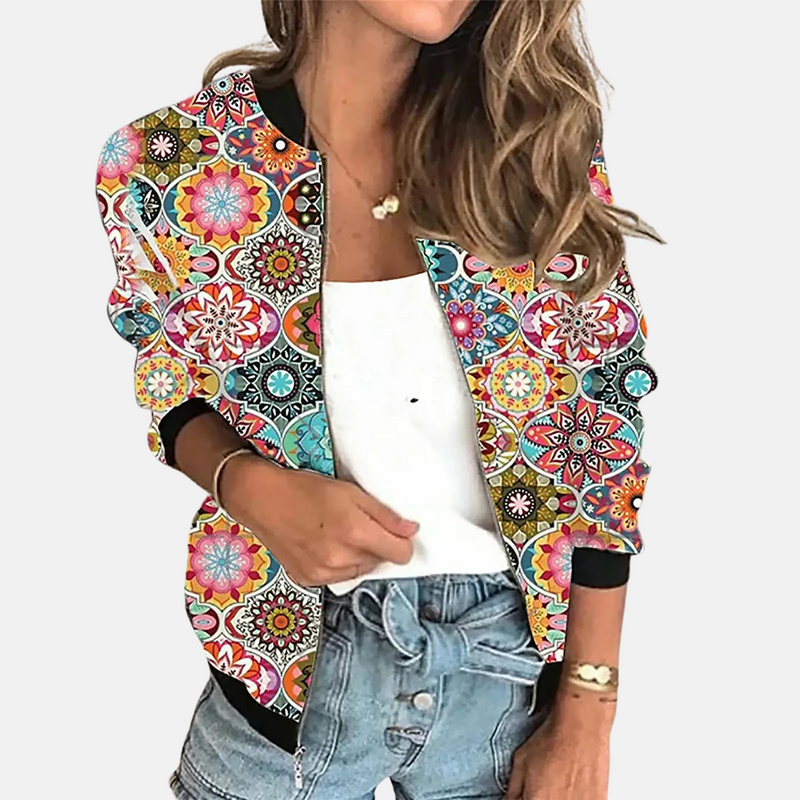 Damen Bomberjacke | Mit Print | Retro | Reißverschluss | Regular Fit-B-XS-Luzern Mode