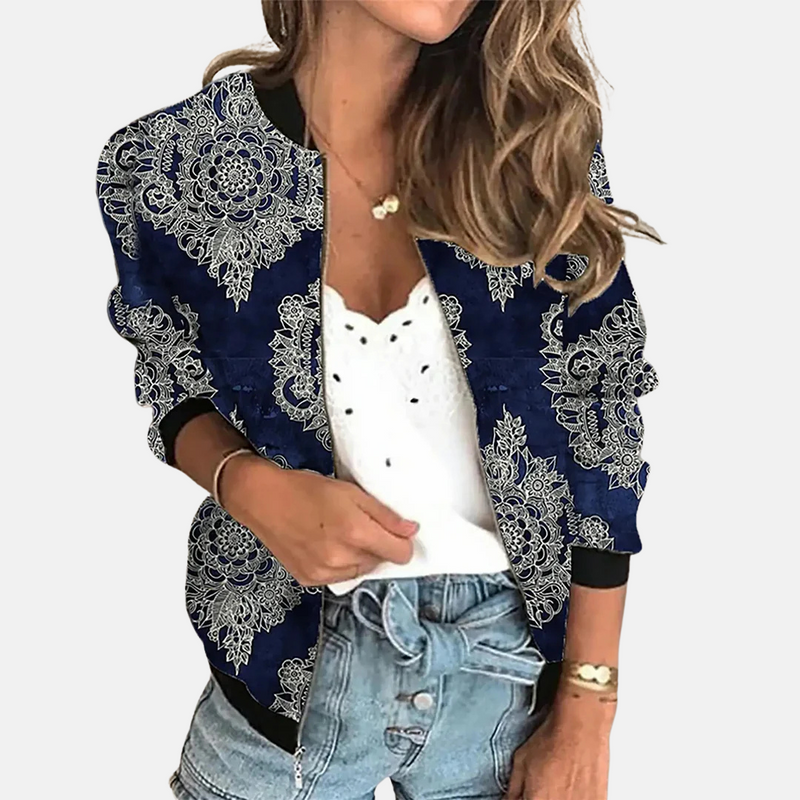 Damen Bomberjacke | Mit Print | Retro | Reißverschluss | Regular Fit-E-XS-Luzern Mode