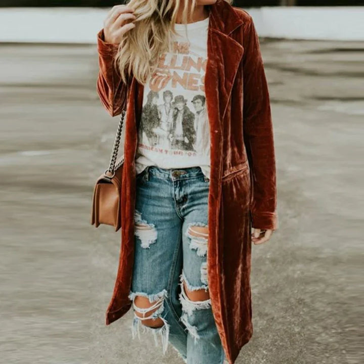 Damen Mantel | Samtstoff | Einfarbig | Lang | Offen Stil | Locker-Braun-S-Luzern Mode