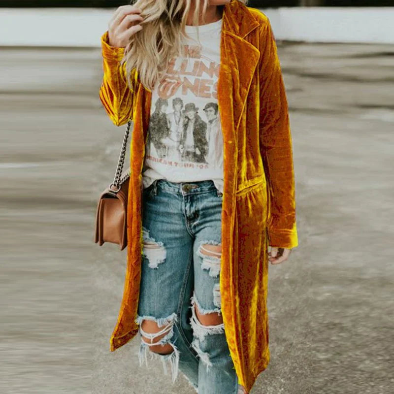 Damen Mantel | Samtstoff | Einfarbig | Lang | Offen Stil | Locker-Gelb-S-Luzern Mode