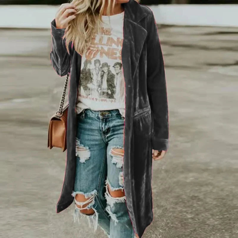 Damen Mantel | Samtstoff | Einfarbig | Lang | Offen Stil | Locker-Grau-S-Luzern Mode
