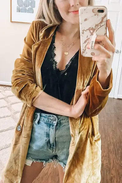 Damen Mantel | Samtstoff | Einfarbig | Lang | Offen Stil | Locker-Luzern Mode