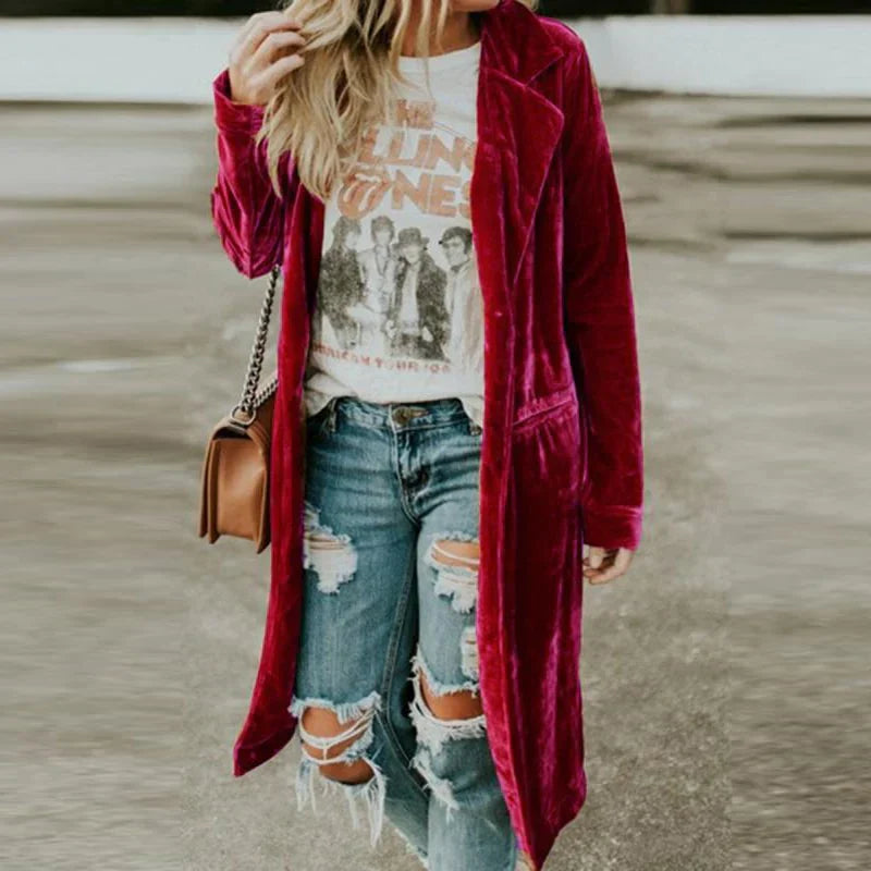 Damen Mantel | Samtstoff | Einfarbig | Lang | Offen Stil | Locker-Rot-S-Luzern Mode
