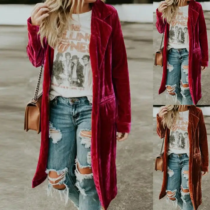 Damen Mantel | Samtstoff | Einfarbig | Lang | Offen Stil | Locker-Luzern Mode