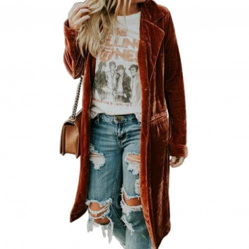 Damen Mantel | Samtstoff | Einfarbig | Lang | Offen Stil | Locker-Luzern Mode