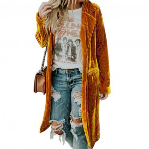 Damen Mantel | Samtstoff | Einfarbig | Lang | Offen Stil | Locker-Luzern Mode