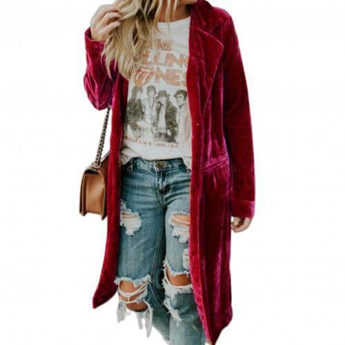 Damen Mantel | Samtstoff | Einfarbig | Lang | Offen Stil | Locker-Luzern Mode