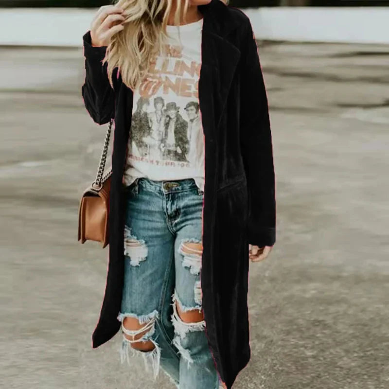 Damen Mantel | Samtstoff | Einfarbig | Lang | Offen Stil | Locker-Schwarz-S-Luzern Mode