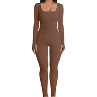 Damen Shapewear Jumpsuit mit langen Ärmeln für Alltag-Braun-S-Luzern Mode