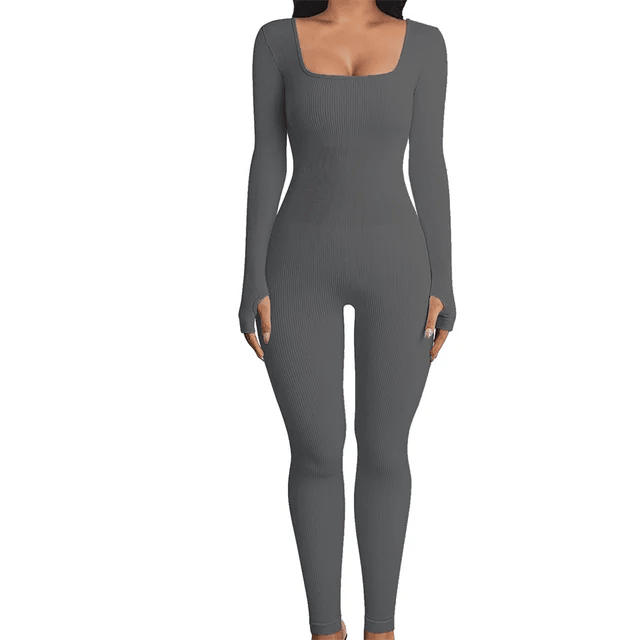 Damen Shapewear Jumpsuit mit langen Ärmeln für Alltag-Grau-S-Luzern Mode