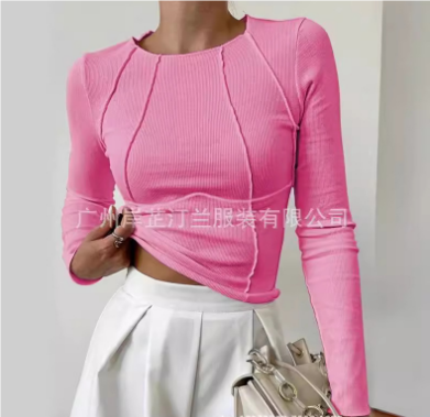 Damen Langarmshirt mit Rundhalsausschnitt und Faltenmuster-Rosa-XS-Luzern Mode