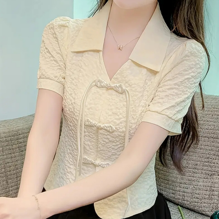 Damen Bluse Kurzarm mit Spitzenmuster und V-Ausschnitt-Luzern Mode