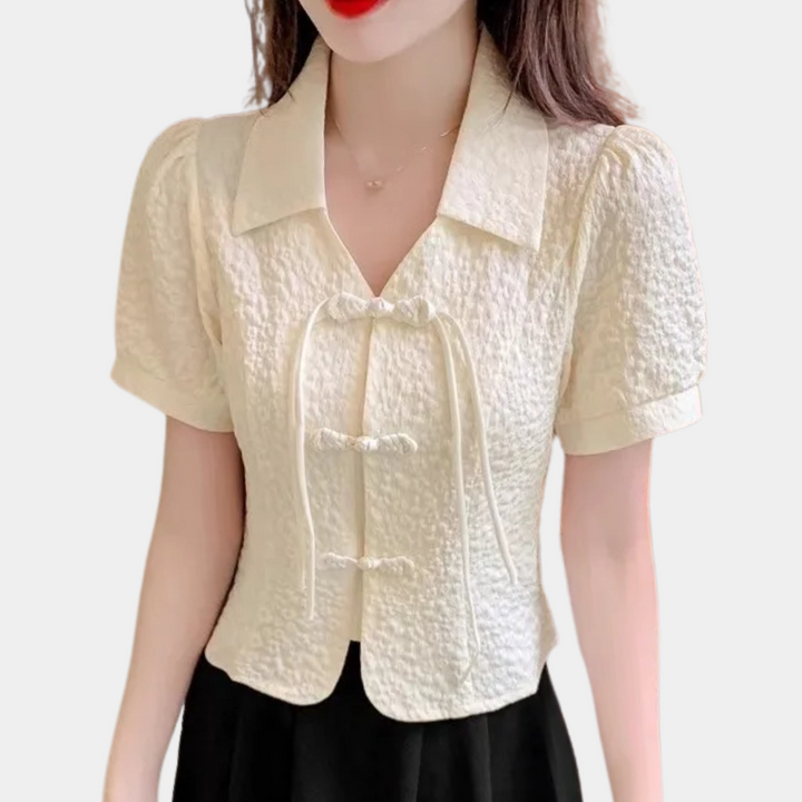 Damen Bluse Kurzarm mit Spitzenmuster und V-Ausschnitt-XS-Luzern Mode