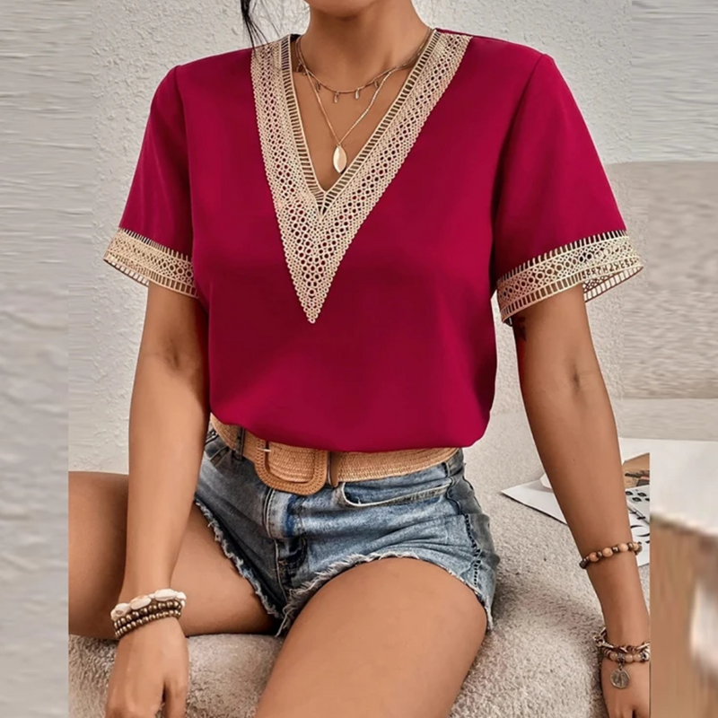 Damen Sommer V-Ausschnitt Spitzenbluse mit Kurzarm-Claret-s-Luzern Mode