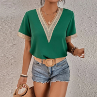 Damen Sommer V-Ausschnitt Spitzenbluse mit Kurzarm-Grün-s-Luzern Mode