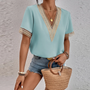 Damen Sommer V-Ausschnitt Spitzenbluse mit Kurzarm-Hellblau-s-Luzern Mode