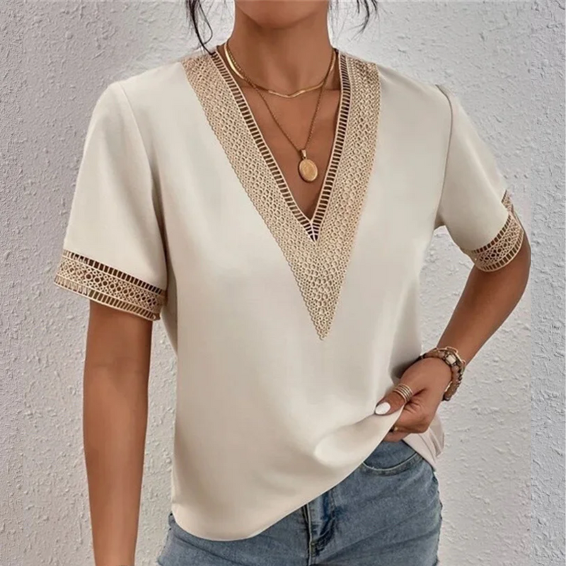 Damen Sommer V-Ausschnitt Spitzenbluse mit Kurzarm-Hellgelb-s-Luzern Mode
