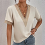 Damen Sommer V-Ausschnitt Spitzenbluse mit Kurzarm-Hellgelb-s-Luzern Mode