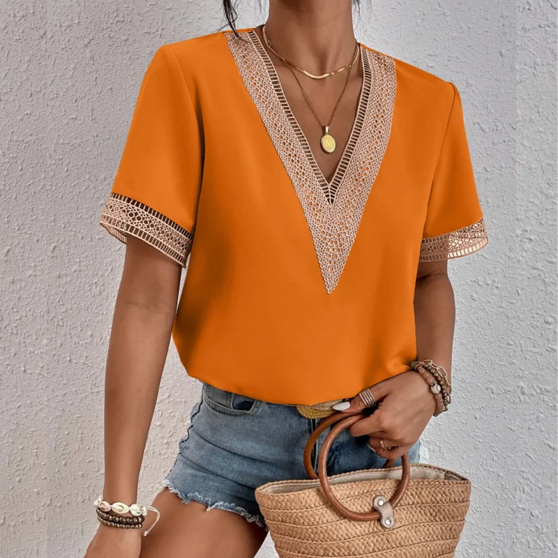 Damen Sommer V-Ausschnitt Spitzenbluse mit Kurzarm-Orange-s-Luzern Mode