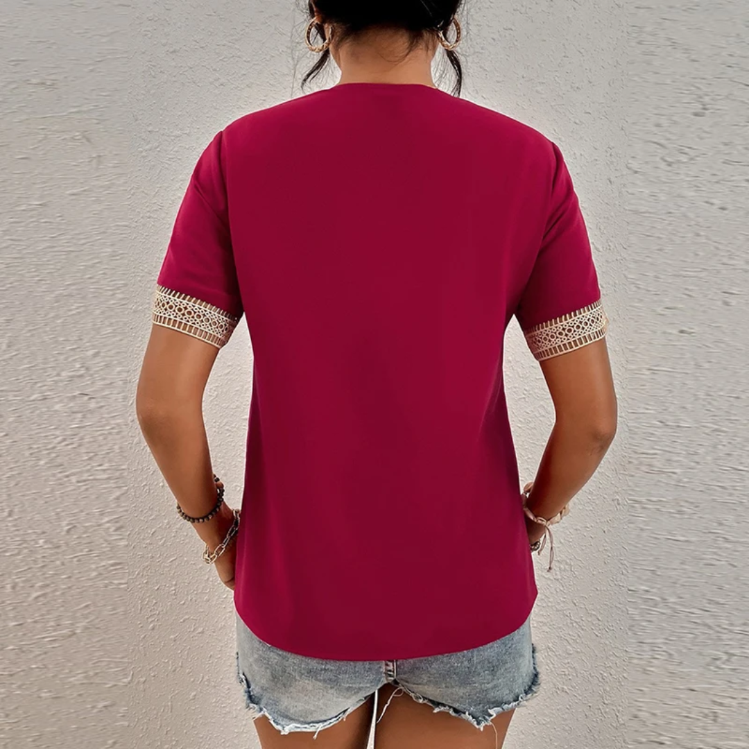 Damen Sommer V-Ausschnitt Spitzenbluse mit Kurzarm-Luzern Mode