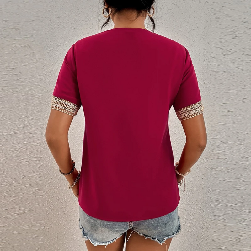Damen Sommer V-Ausschnitt Spitzenbluse mit Kurzarm-Luzern Mode