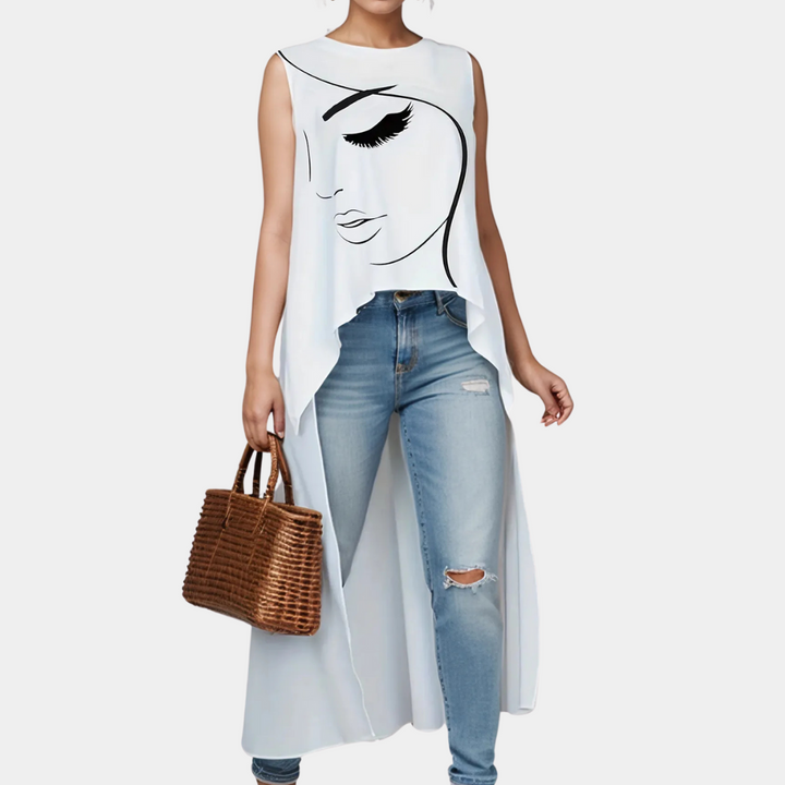 Damen Top mit Gesicht Grafik - Elegantes ärmelloses Design-XS-Luzern Mode
